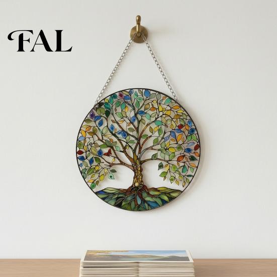 Acrylic Window Sun Catcher Tree of Life Round Hanging Sign, Stained Glass Suncatcher Ornament Decoration, Wall for Indoor Outdoor Decorative Pendant