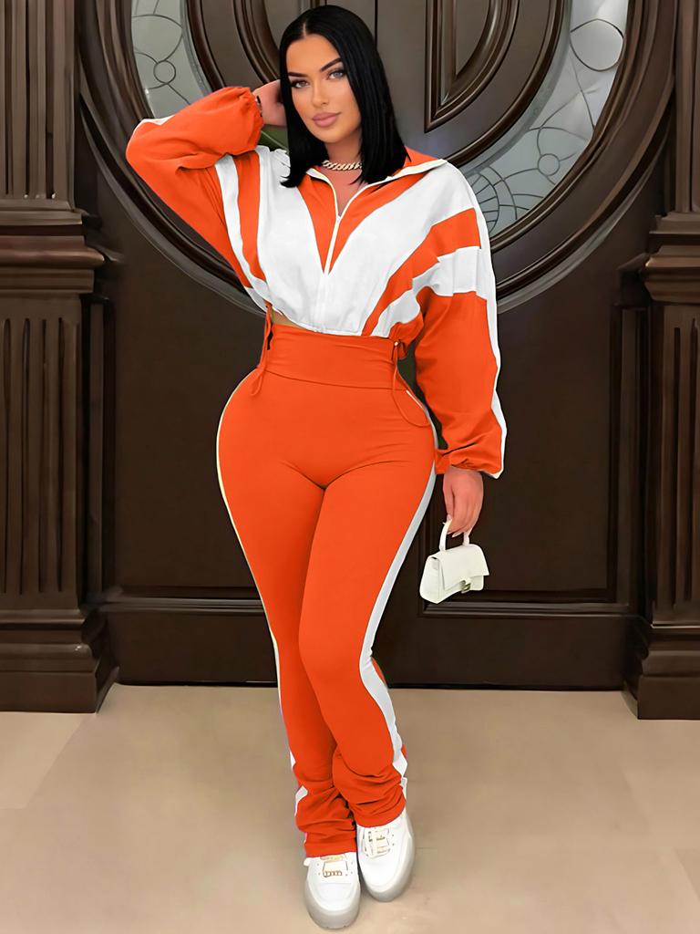 Womens Color Block Tracksuit Set Casual Short Sleeve Crop Top High Waist Workout Pants