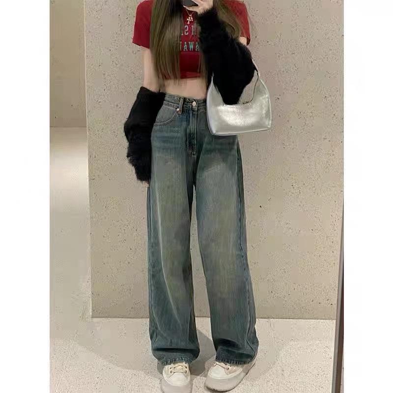 Women's Washed Retro Wide-Leg High-Waist Jeans, Autumn/Winter 2024 Hong Kong Style, Floor-Length Pants