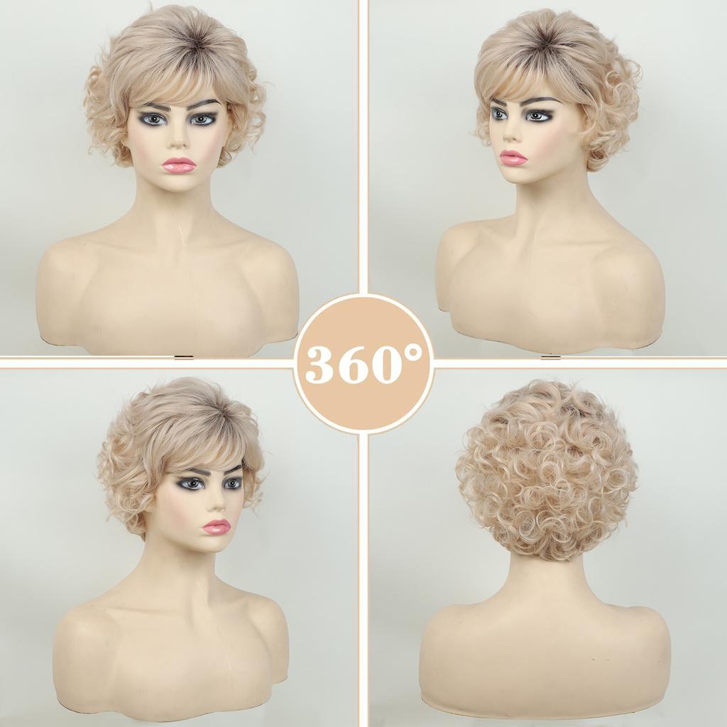 Synthetische Damen Flauschige Perücke Hellblond Kurz Gestuft Lockig mit Pony Für Frauen Täglicher Party Kostüm Gebrauch Hitzebeständig