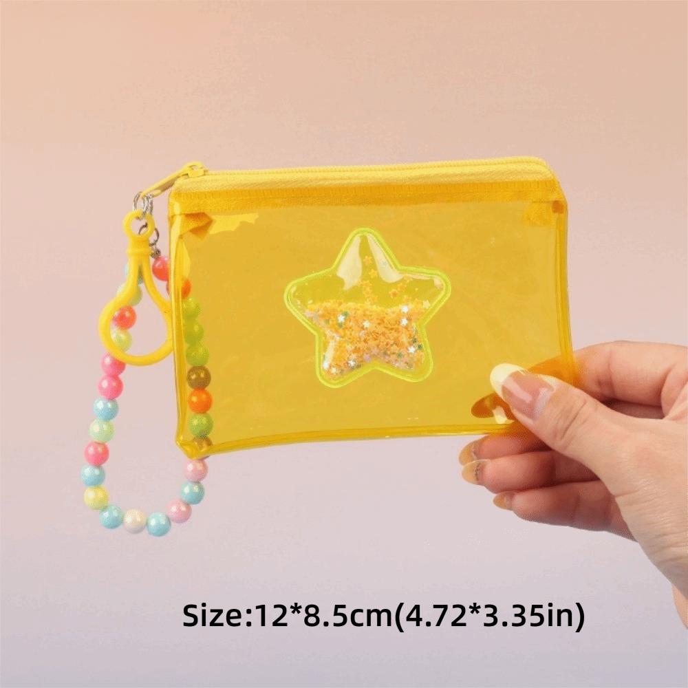Portable Quicksand Coin Purse PVC Transparent Student Card Holder with Beaded Lanyard Colorful Travel Storage Bag