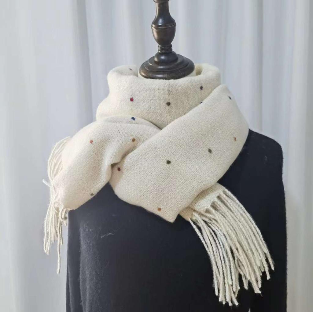 New scarf autumn and winter women's high-end feeling cute polka dots tassel warm Korean atmosphere versatile scarf