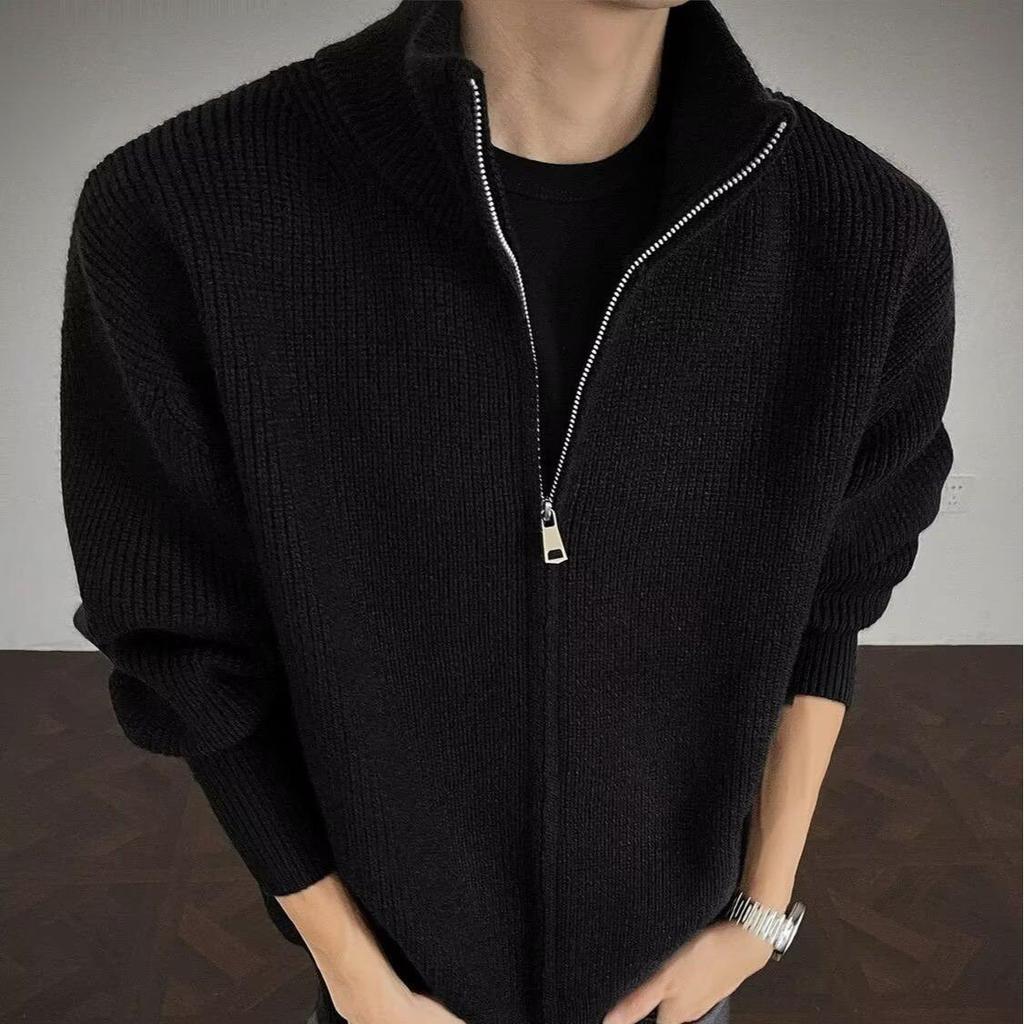 Men's Korean Knit Cardigan Jacket - Autumn/Winter Trend, Solid Stand Collar Sweater, High-End Feel, Lazy Style.