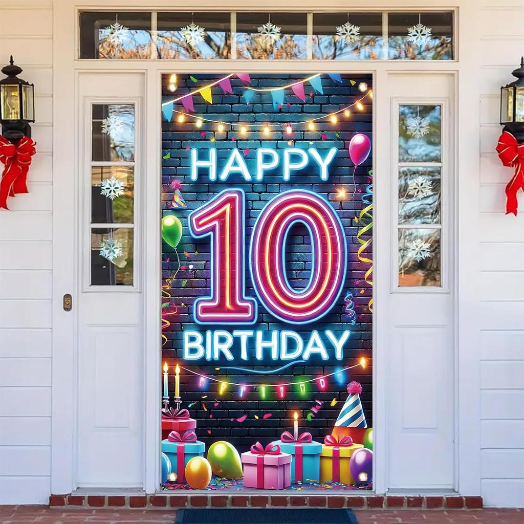 10th Birthday Door Cover Neon Party Decoration Colorful Balloon Gift Banner for Kids Teen Celebration Entrance Boys Girls Photo Booth Backdrop
