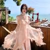 New Vacation Soft Pink Tulle Dress Fairy Elegant Mesh Morning Robe Dress