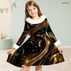 Girls Long Sleeve White Fuzzy Trim Black Gold Green Printed A Line Flared Dress