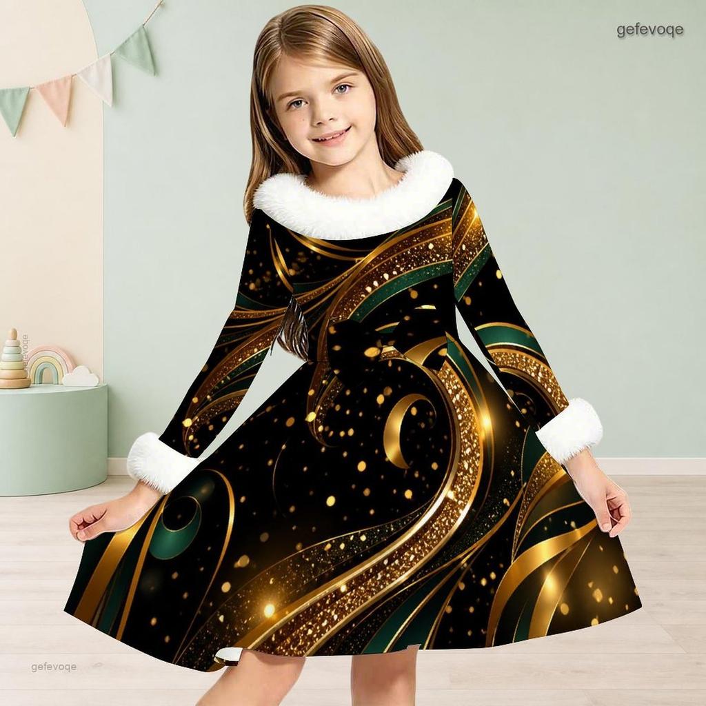 Girls Long Sleeve White Fuzzy Trim Black Gold Green Printed A Line Flared Dress