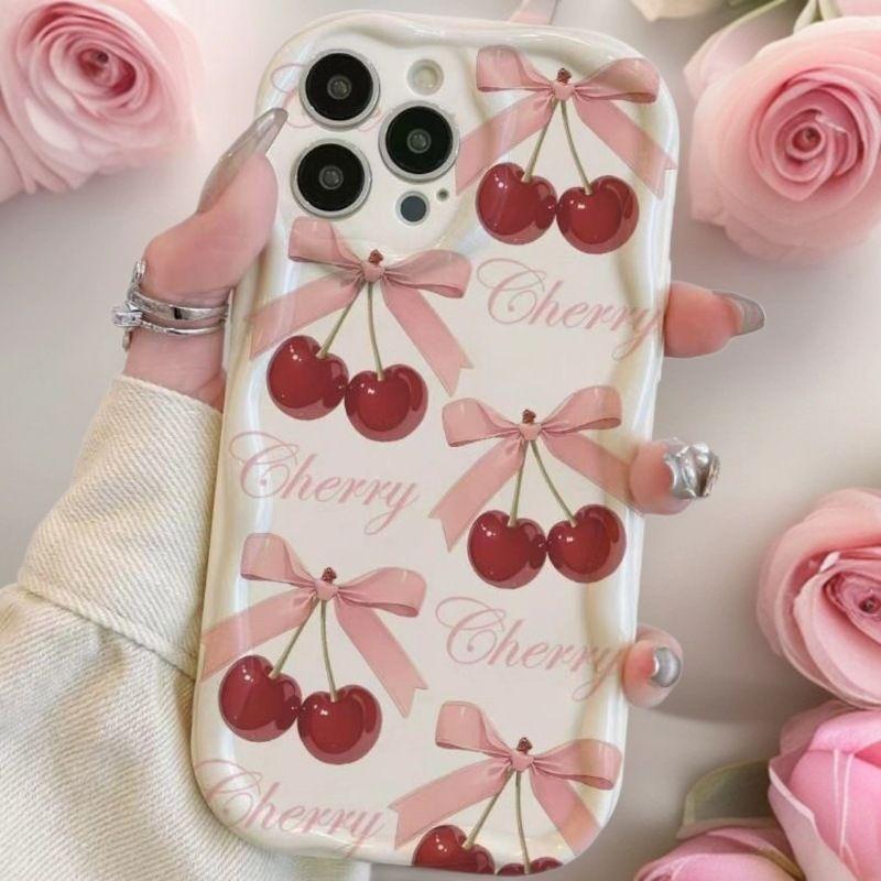 Cute Red Cherry Butterfly 3D Wave Phone Case for iPhone 17 Air 16 15 14 Plus 13 12 11 Pro Max 16E XR XS X 7 8 Silicone Cover