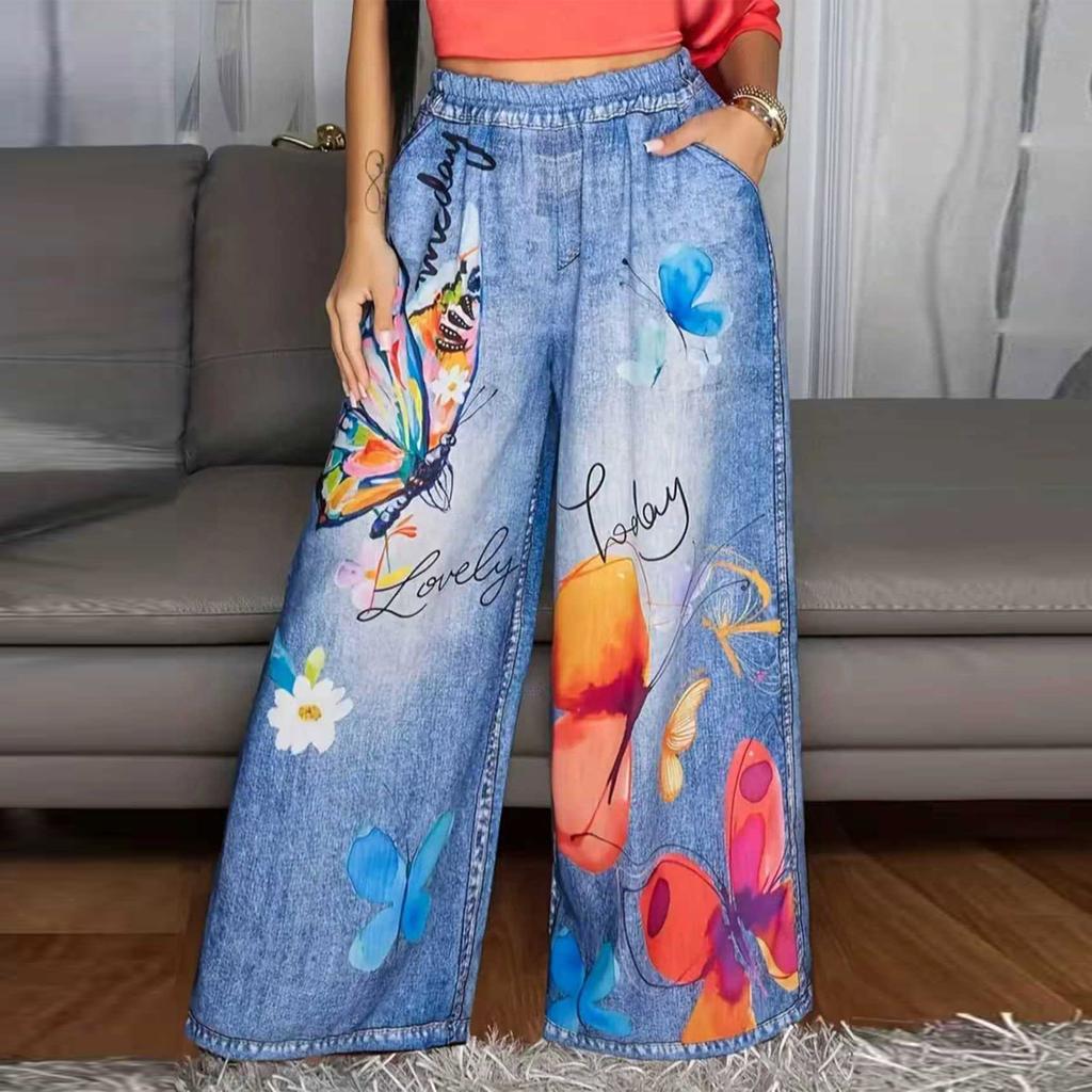 Women’s Casual Wide Leg Straight Pants with Floral and Butterfly Pattern Faux Denim Elastic Waistband Lightweight Trousers for Daily Wear