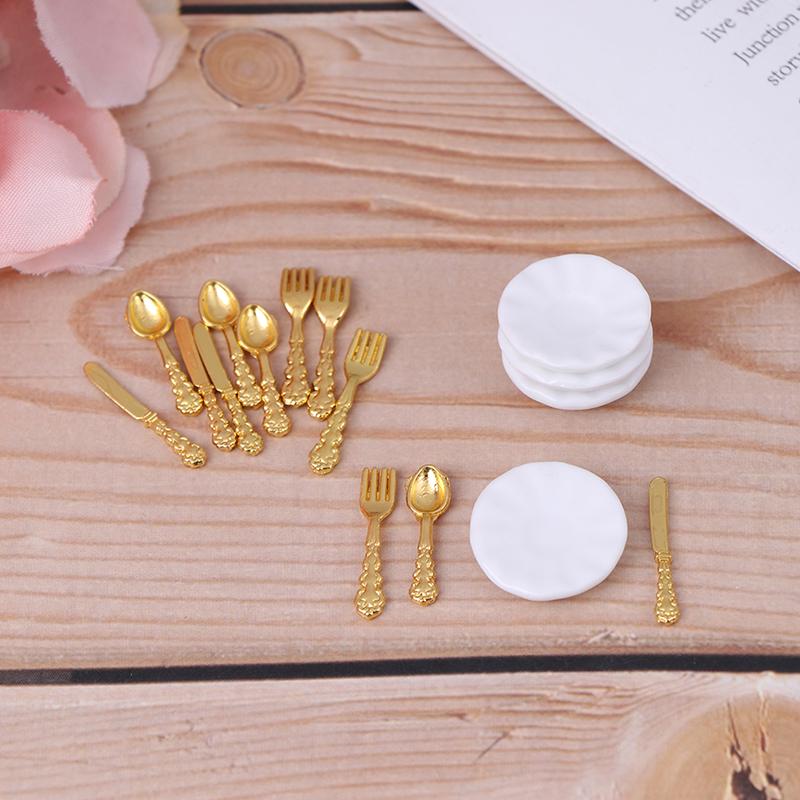12Pcs/Set Vintage Dollhouse Miniatures Tableware Ceramic Plate Knife Fork Spoon
