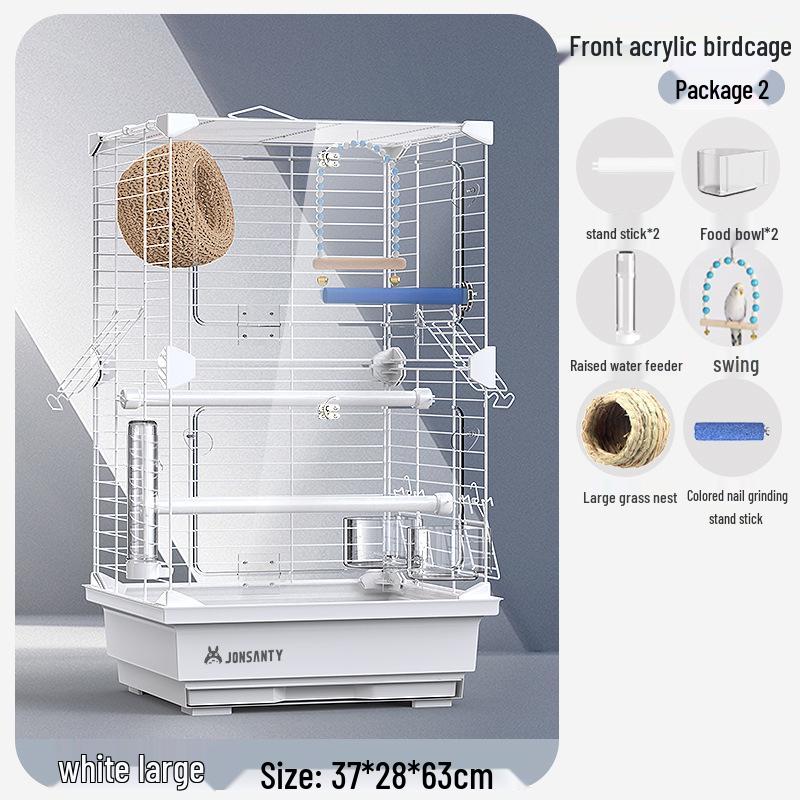 Großer Acryl-Vogelkäfig für Papageien, Nymphensittiche & Wellensittiche - Transparente Vorderseite mit Metallrahmen