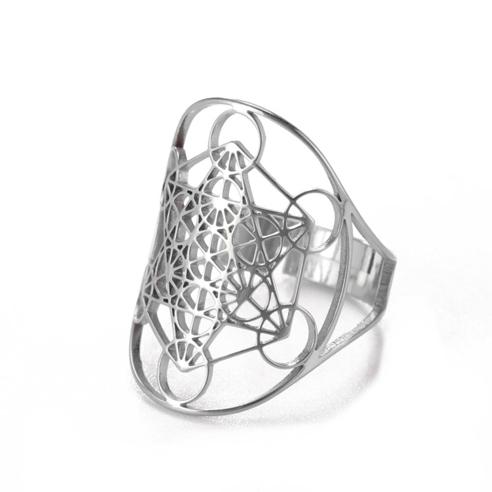 Adjustable Angel Seal Archangel Metatron Cube Ring Stainless Steel Sacred Geometry Spiritual Jewelry Gift for Men Women