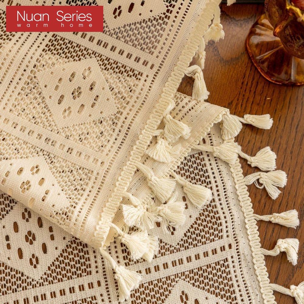 1PC Nuan Series Bohemian Tassel Hollow Sheer Curtain French Retro Translucent Gauze Curtain for Living Room Bedroom Balcony Window Home Decor