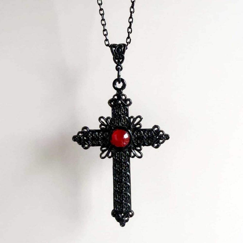 Collana Ciondolo Croce Grande Nera Cristalli Rossi Intarsio Stile Celtico Vittoriano per Uomini Donne Gotico Punk Gioielli per Festa di Halloween