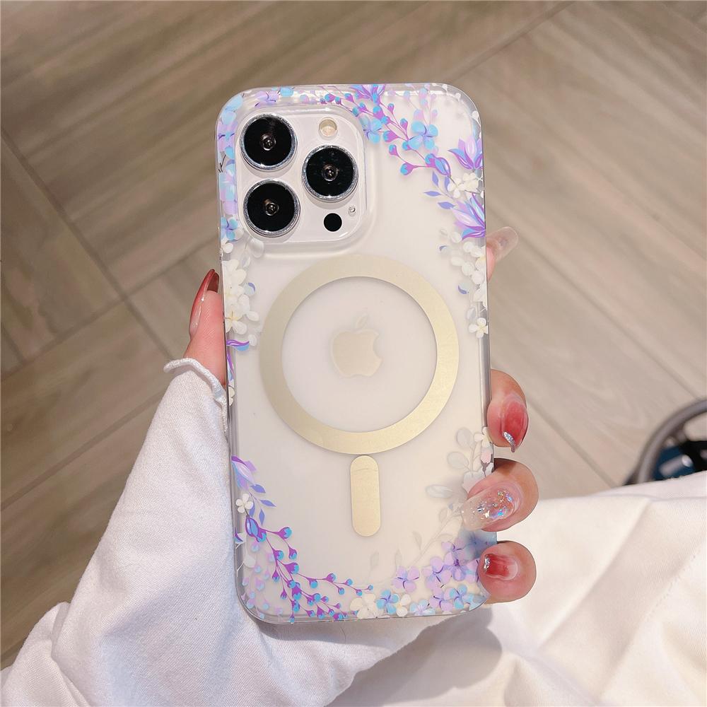 Scrub Floral For Magnetic Wireless Charge Case For For Iphone 17 Air 16 15 14 13 12 11 Pro Max Plus Shockproof Acrylic Cover