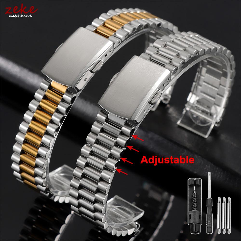 Silver Gold Solid Stainless Steel Watch Bracelet 10mm 12mm 14mm 16mm Universal Watchbands Casual Metal Double Clasp Watch Strap