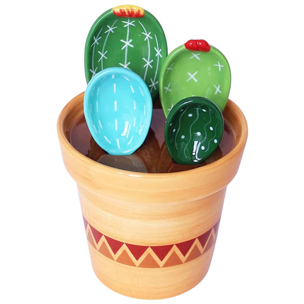 4Pcs Porcelain Measuring Spoons Set with Base Cute Cactus Shape Stirring Soup Spoon Reusable and Durable for Kitchen Tools