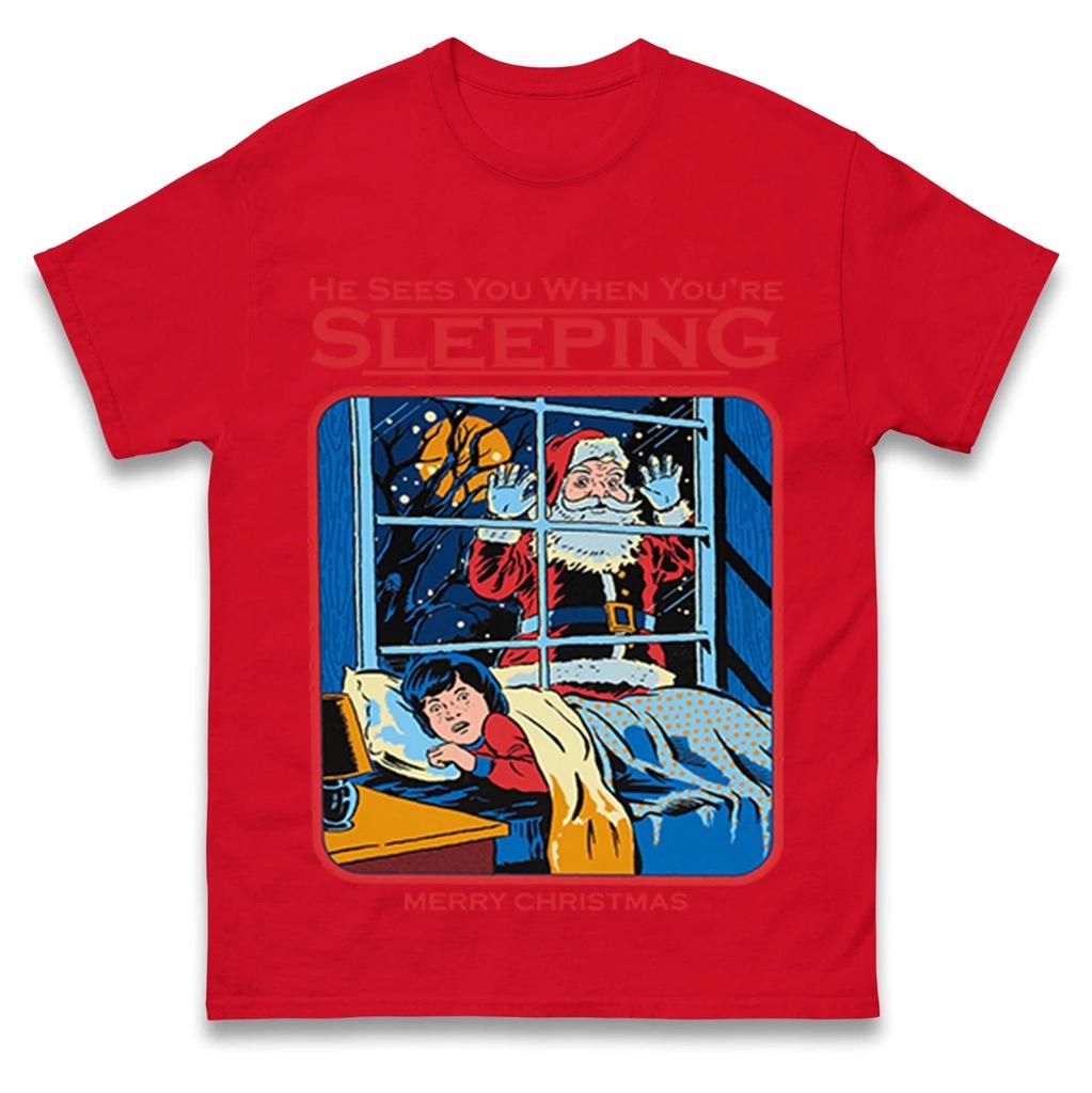 Er sieht dich, wenn du schläfst Lustiges Weihnachtsmann-Weihnachts-T-Shirt Sommer Herren Trainingsanzug Pullover Lässig Atmungsaktiv Sportbekleidung