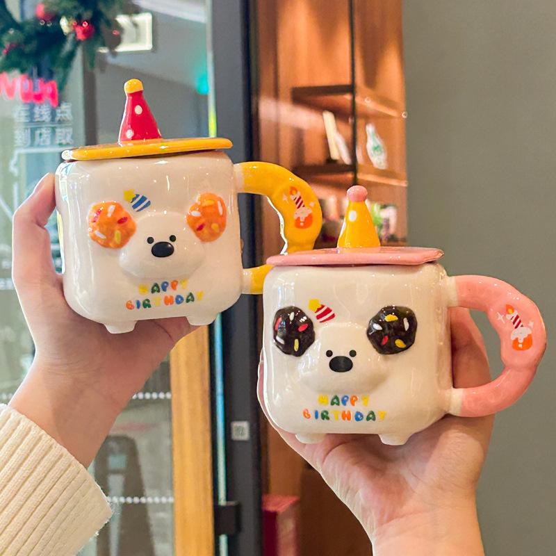 Birthday gift for girls Cute puppy cup Couple ceramic mug with lid Girlfriend souvenir gift box
