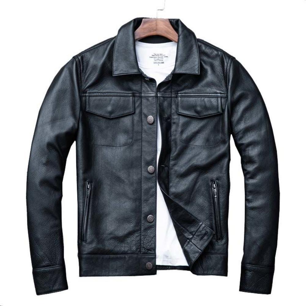 Spring First Layer Cowhide Locomotive Retro Leather Jacket Men's Lapel Leather Jacket