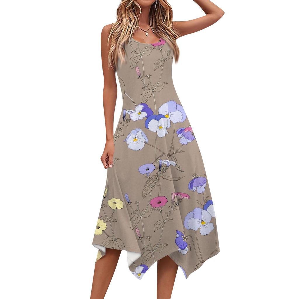 Women's Casual Fashion Round Neck Sleeveless Print Irregular Hem Midi Dress