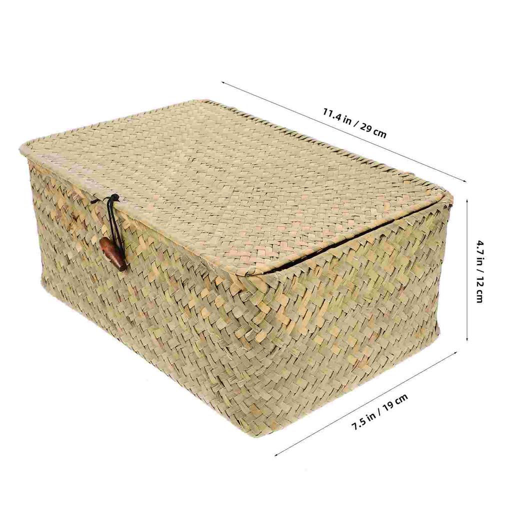 Straw Basket with Lid Rattan Woven Basket Desktop Clothes Sundries Storage Box for Bedroom Home Decor (L)