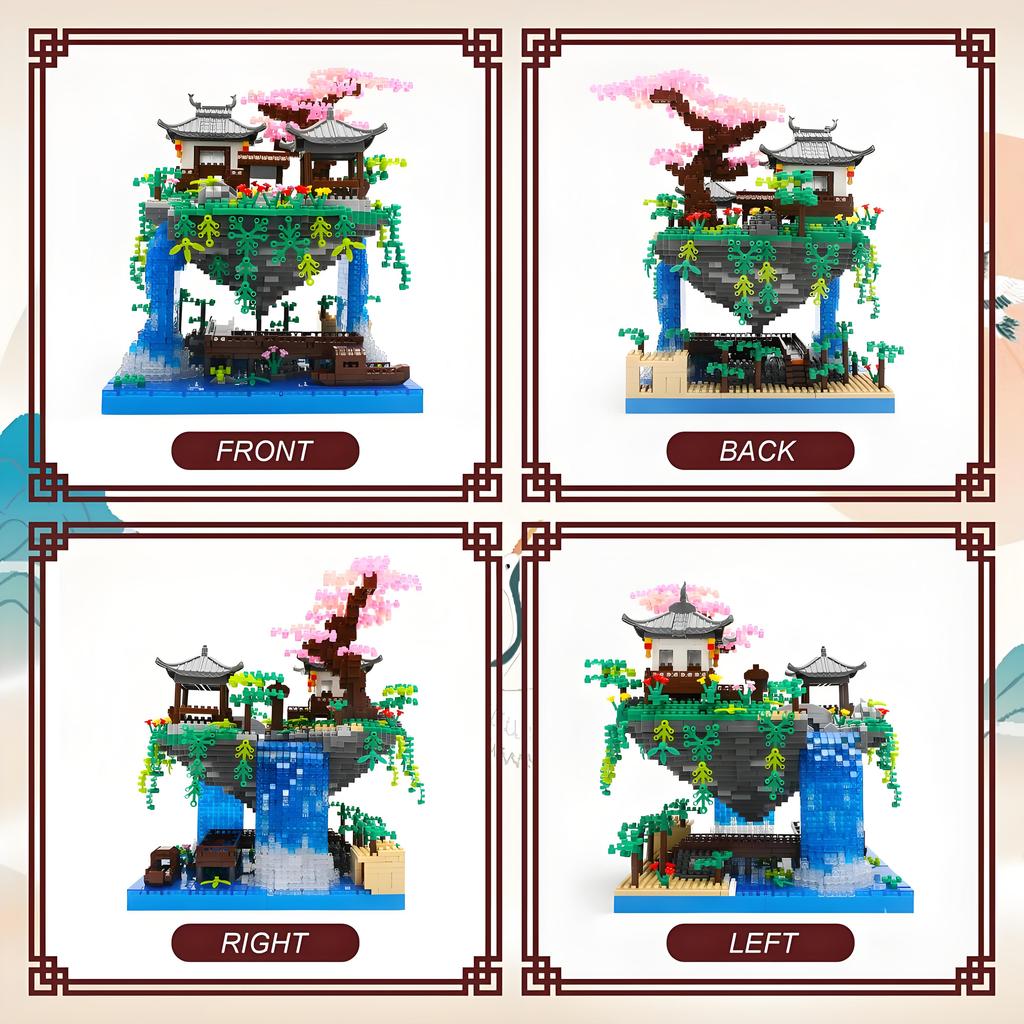 Peach Blossom Lake Building Blocks Micro Building Set, Tranquil Garden with Flowers and Lights, A Floating Architecture Model