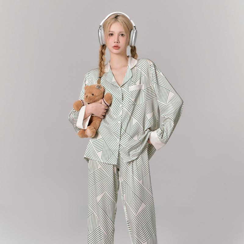 

Пижамы женские осенние костюмы с длинными рукавами домашняя одежда женская весна и осень ледяной шелк повседневный XL