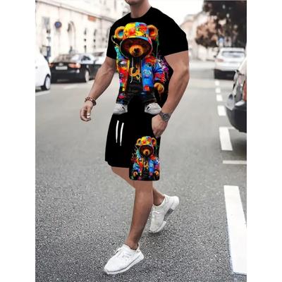 Yaz Erkek Hip Hop Tarzı Baskılı Erkek Bisiklet Yaka Tişört Şort Takımı 2025 Moda Karikatür Baskılı Sokak Günlük Her Şey