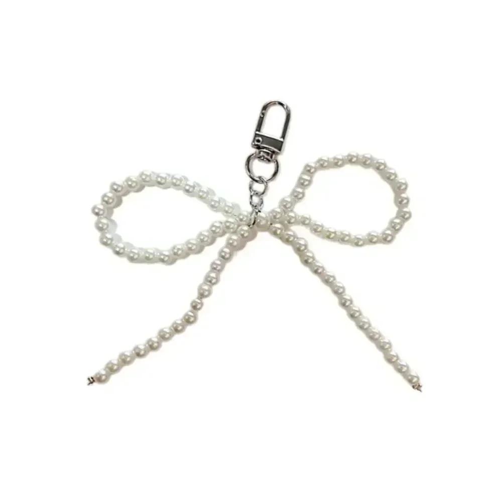 Korean Cute Lace Bow Pearl Beaded Phone Pendant Chain Accessories Aesthetic Ballet Shoes Camera Bag Decoration Keychain Gift