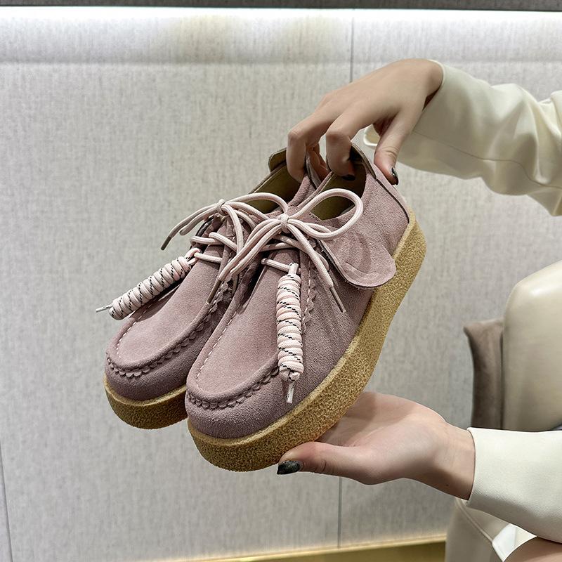 High Quality Suede Leather Loafers Women Round Toe Lace Up Fringe Thick Sole Shoes Casual Comfort Outdoors Flat Walk Shoes Woman