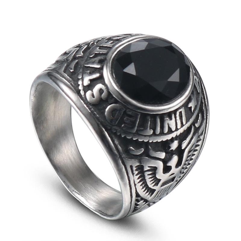 

2026 European and American Soldiers Double Eagle Army Ring, Personalized Retro Men s Titanium Steel Black Zircon Ring 7