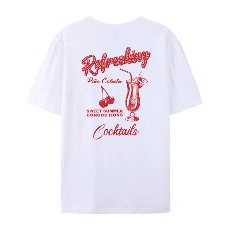 Cherry Cocktail Back Print Retro Graphic Tees Unisex Cocktail Drinking TShirts Summer Loose Beach T Shirt Unisex Vacation Tops