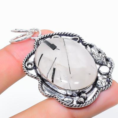 Natural Black Rutile Gemstone Handmade 925 Sterling Silver Pendant 2.48" g6H08