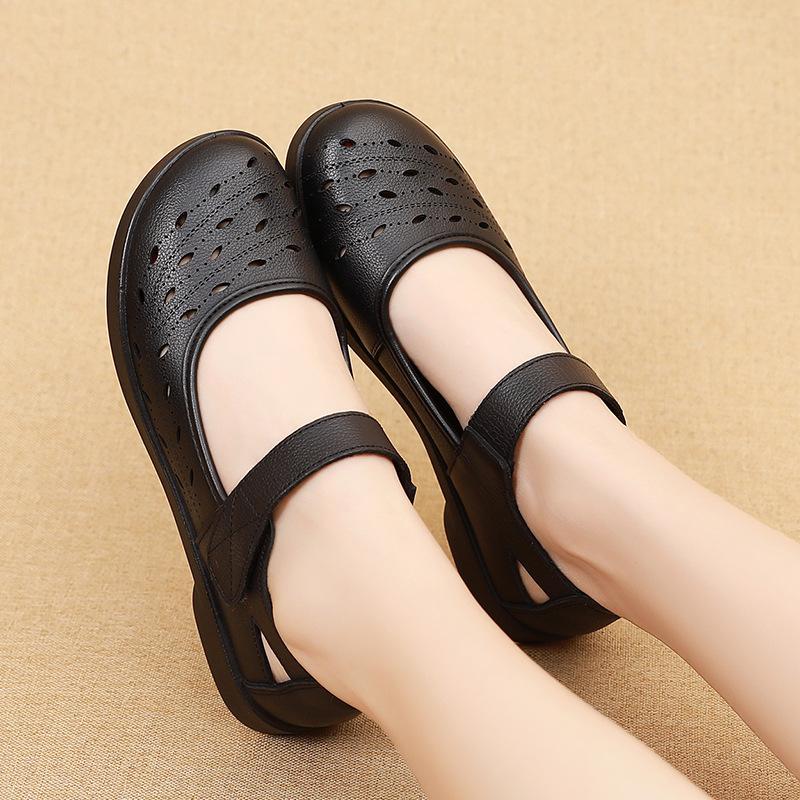 Leather Women's Shoes, Round-toed Flat, Soft-soled Sandals, Single Shoes