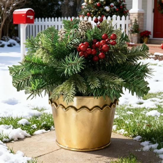 18 Inch Lighted Artificial Christmas Urn Filler Pre-lit Xmas Pine Tree with Cones Red Berries Small Christmas Tree with Tripod Stake for Porch