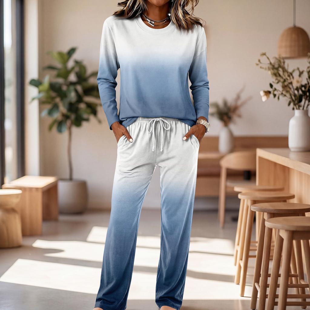 Set Pigiama da Donna a Manica Lunga con Scollo Rotondo, Coulisse e Gamba Larga per Casa e Sonno Casual