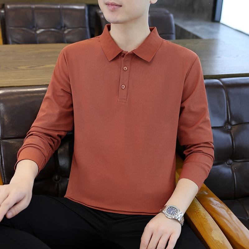 Men Solid White Lapel Long Sleeve Polo Shirt Button Collar Business Casual Top