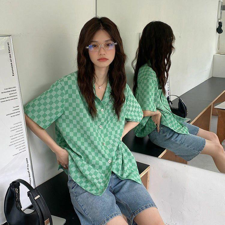 Women's Checkered Short Sleeved Shirts Summer American Style Thin Blouses Loose Casual Versatile Ladies Clothing