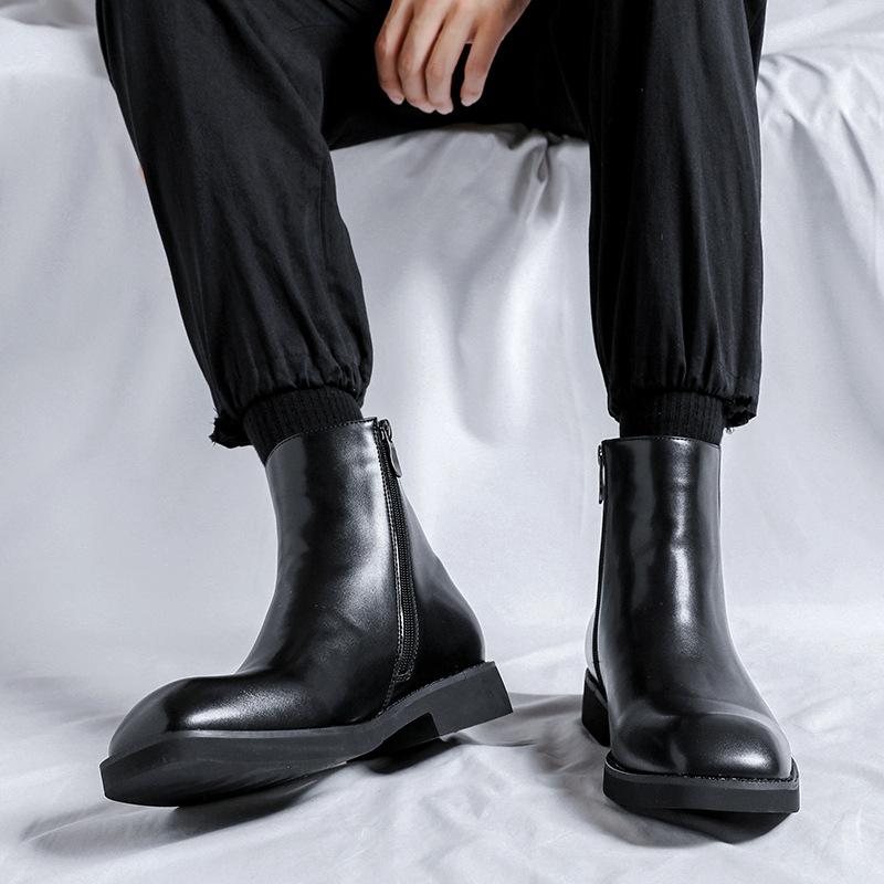 England Style Mens Chelsea Boots Fashion Square Toe Shoes Stage Nightclub Dress Cowboy Genuine Leather Boot Black Short Botas