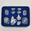 Moin Moin 112 Scale Miniature Dollhouse Tableware and Utensils Set of 15, Featuring a Blue Flower Design, Cutlery, Pot, Teacups, and Gold Lines.