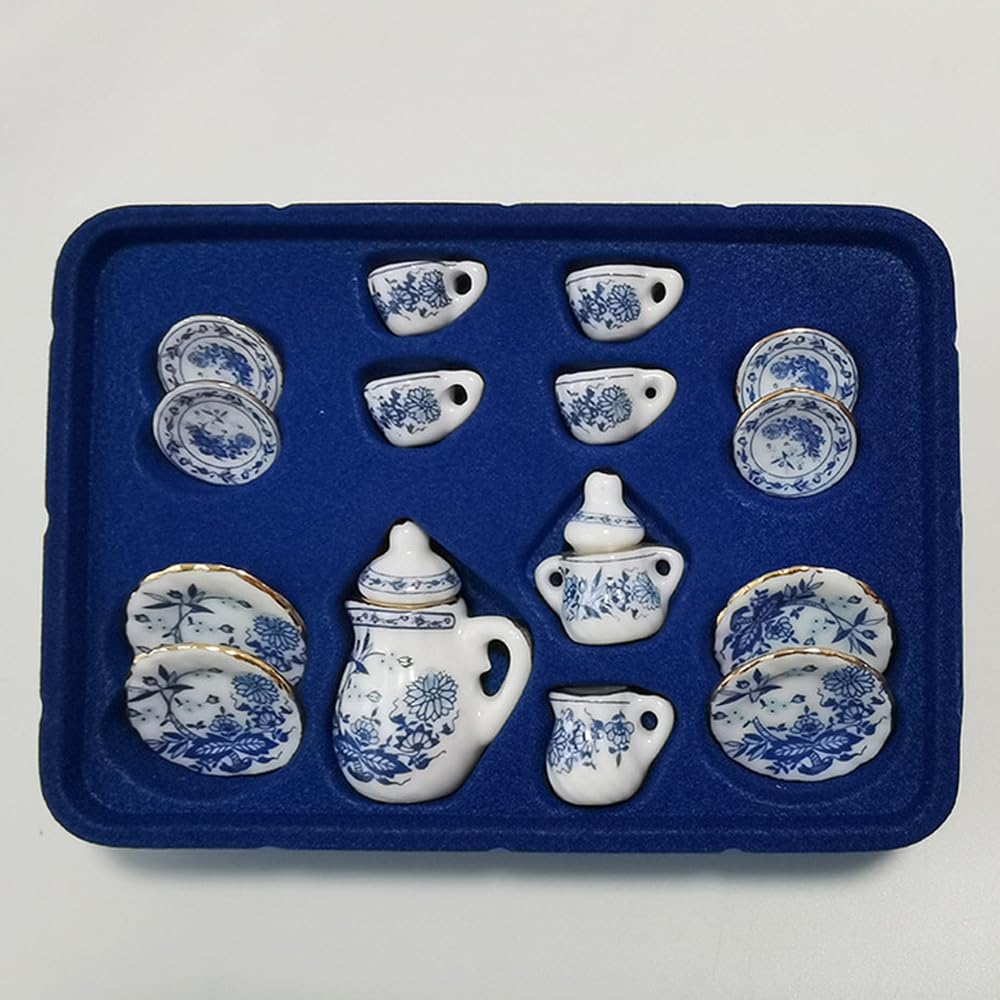Moin Moin 112 Scale Miniature Dollhouse Tableware and Utensils Set of 15, Featuring a Blue Flower Design, Cutlery, Pot, Teacups, and Gold Lines.