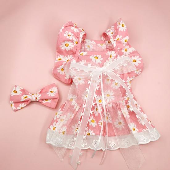 Yousheng Summer Dog Dress Cute Bow Hairpin Floral Print Elegant Outfit Breathable Casual Wear Bow-knot Lace Princess Dress Pet Cat Two-legged Clothing