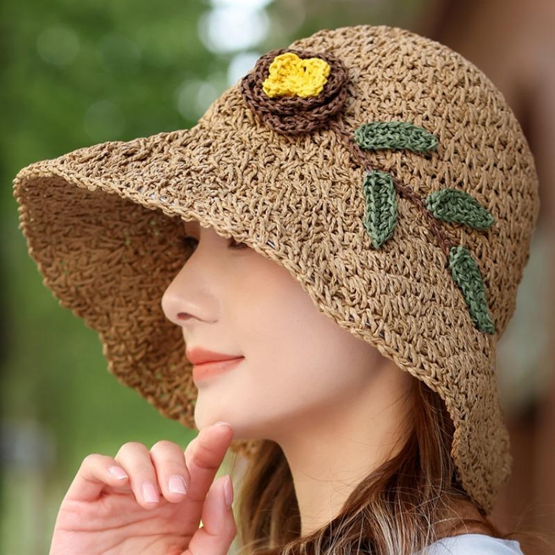 1Pc Women'S Summer Straw Hat For Women Hand-Woven Flower Patterns Fresh Holiday Seaside Beach Hat For Outdoor Hiking Travel