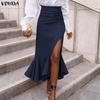 VONDA Elegant Women Ruffled Zip-up Waist Side Splits Irregular Casual Party Skirts Dress