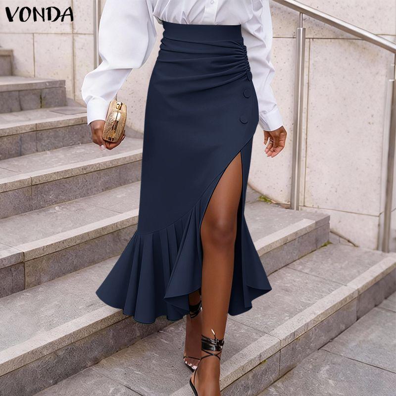 VONDA Elegant Women Ruffled Zip-up Waist Side Splits Irregular Casual Party Skirts Dress
