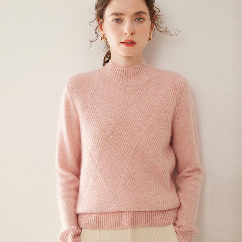 Women's Red Diamond Pattern Cashmere Sweater: Half-High Collar, Thickened, Plus Size, Loose, Warm, Autumn/Winter, Short Style.