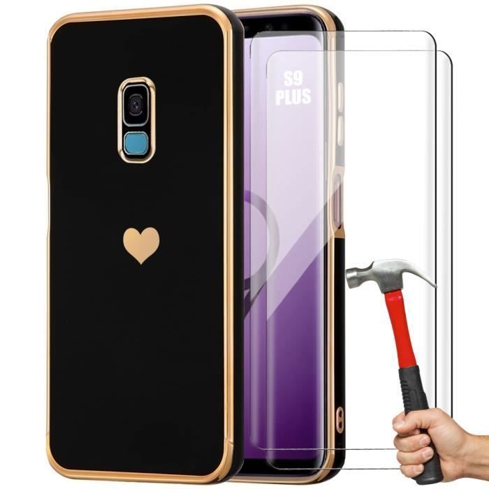 Coque de protection - BOOLING - pour Samsung Galaxy S9+ - Antichoc Silicone - Motif Cœur - 2 Verres Trempés