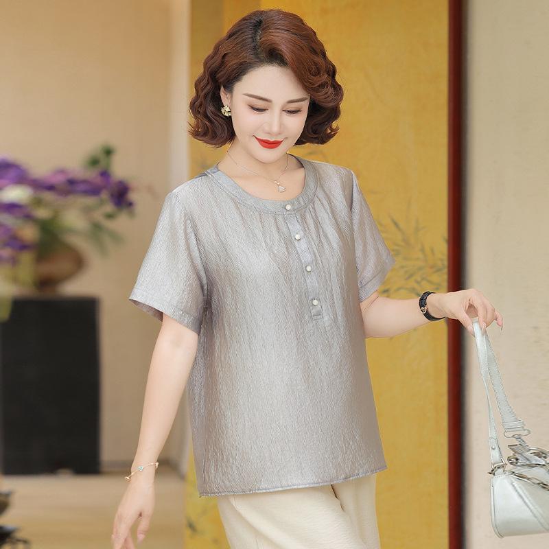 

Summer Chinese Style Round Neck Short Sleeve Top for Middle-Aged and Elderly Women 6XL (165-180 jin)