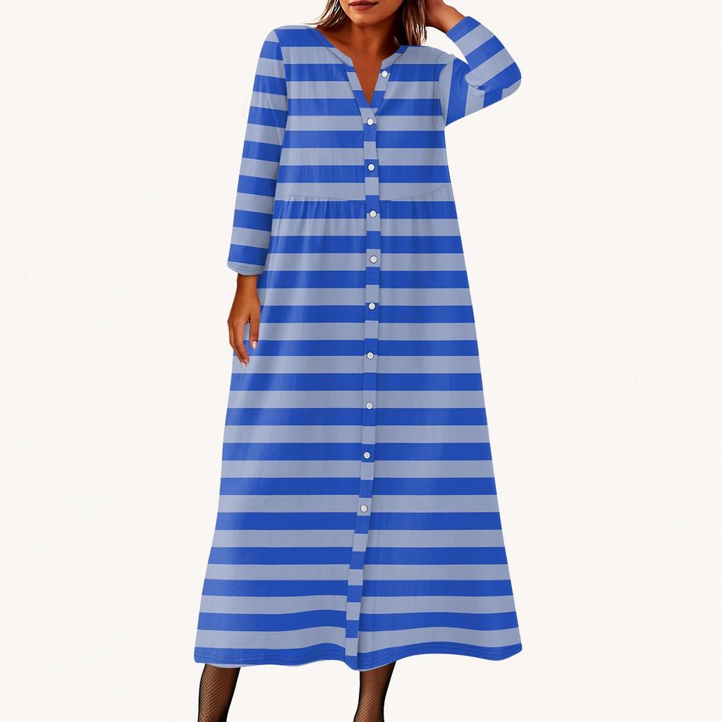 Damen Modisches Bedrucktes Rundhals Siebenviertelarm Knopf Lockeres Hemdkleid